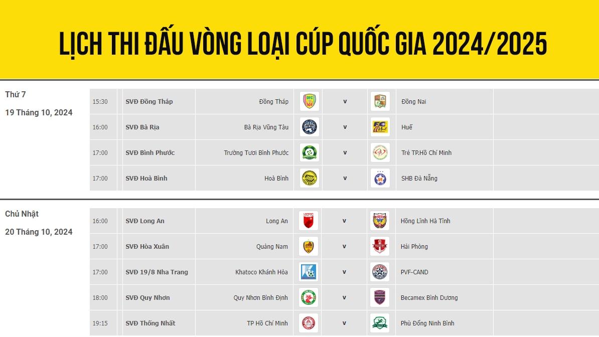 Lịch thi đấu và trực tiếp vòng loại Cúp Quốc gia 2024/2025.